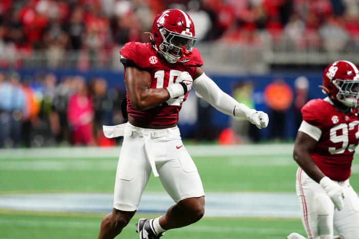 Alabama Crimson Tide linebacker Dallas Turner (15) celebrates after a sack in the second quarter against the Georgia Bulldogs in the SEC Championship at Mercedes-Benz Stadium. Mandatory Credit: John David Mercer-USA TODAY Sports